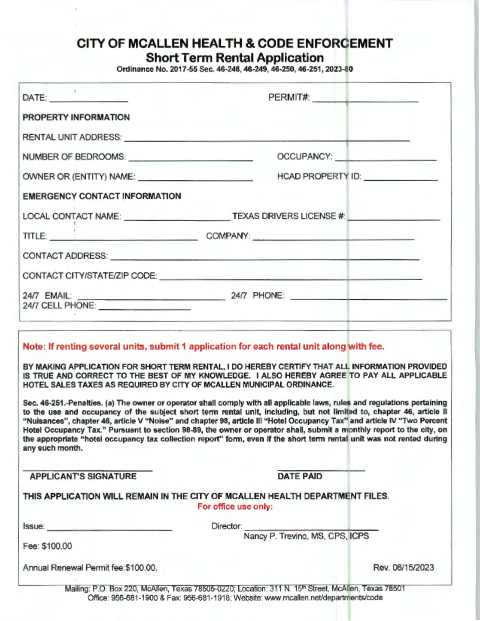 First page of the Short Term Rental Application