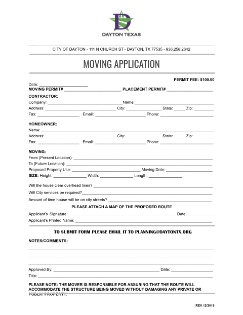 First page of the Moving Application