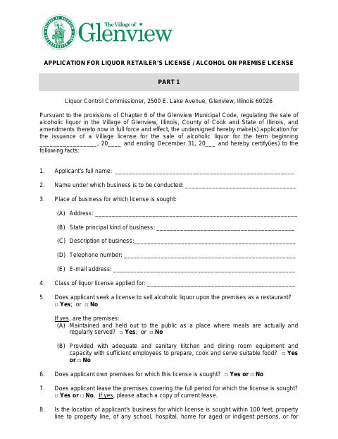 First page of the Liquor Retailer’s License Application