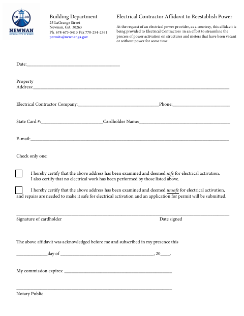 First page of the Electrical Contractor Affidavit to Reestablish Power