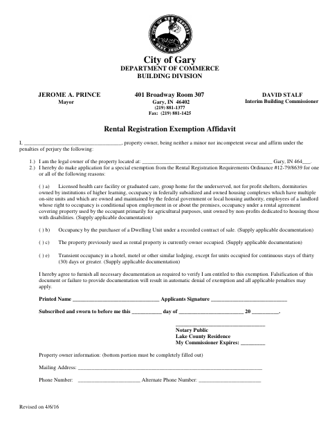 First page of the Rental Registration Exemption Affidavit