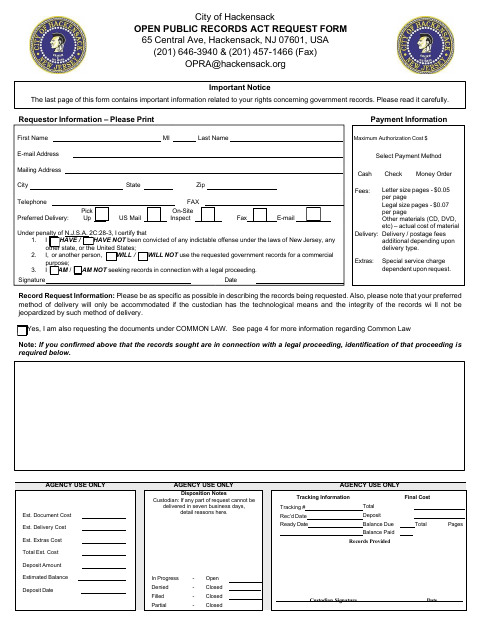 First page of the Open Public Records Act Request Form