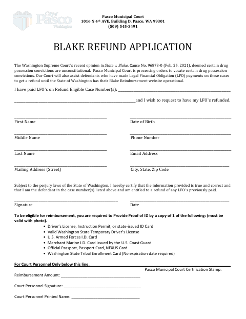First page of the Blake Refund Application
