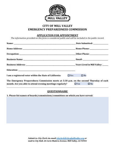 First page of the Emergency Preparedness Commission Application for Appointment