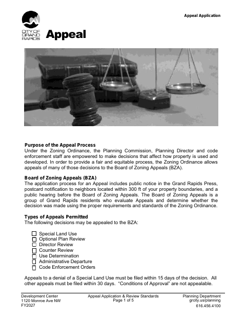 First page of the Board of Zoning Appeals Appeal Application