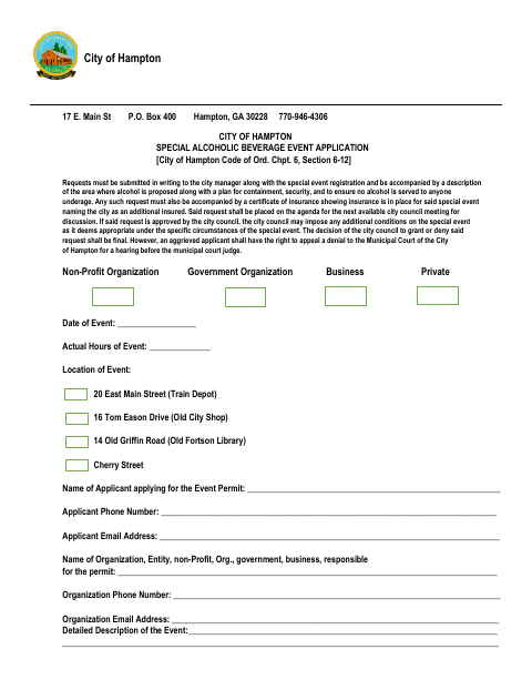 First page of the Special Alcoholic Beverage Event Application