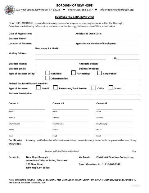 First page of the Business Registration Form