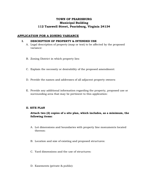First page of the Application for a Zoning Variance
