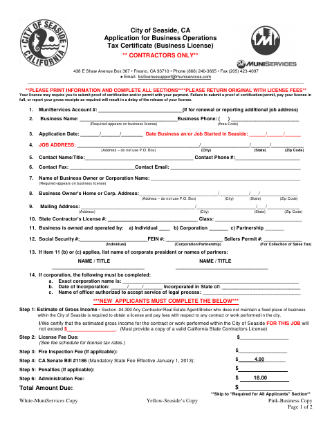 First page of the Application for Business Operations Tax Certificate (Business License) – Contractors Only