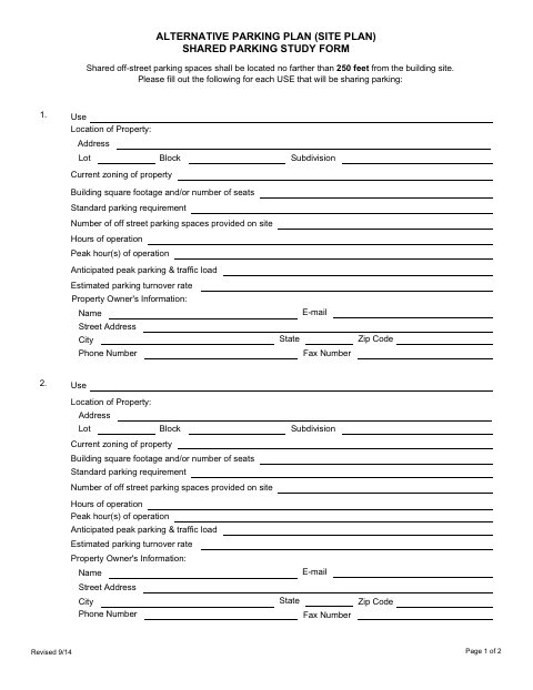 First page of the Alternative Parking Plan (Site Plan) Shared Parking Study Form