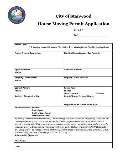 First page of the House Moving Permit Application