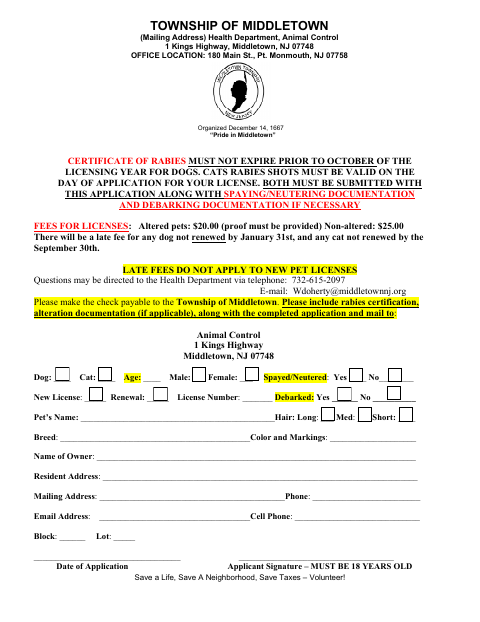 First page of the Pet License Application