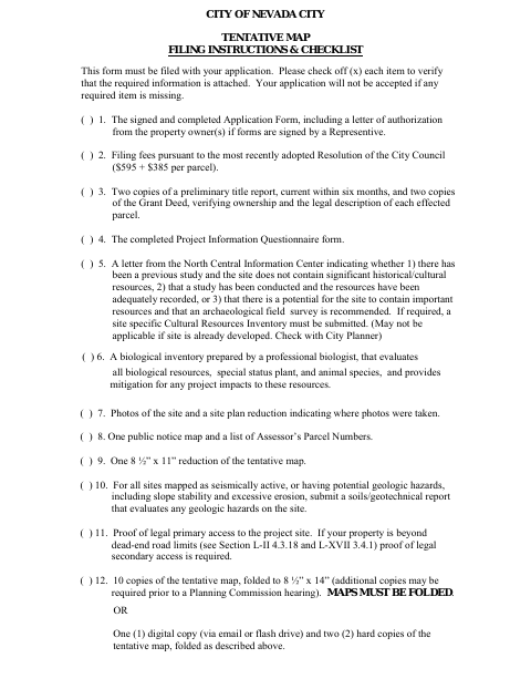 First page of the Tentative Map Filing Instructions and Land Use Application