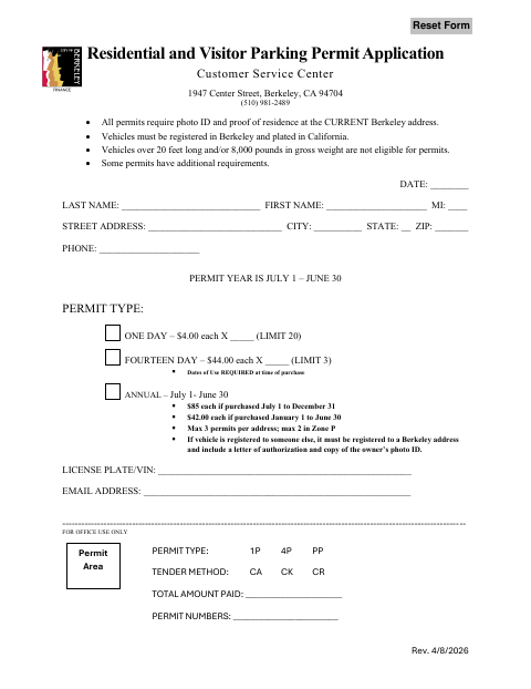 First page of the Residential and Visitor Parking Permit Application