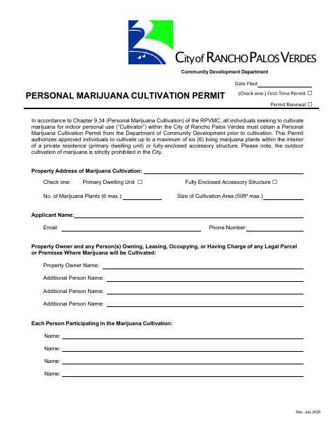 First page of the Personal Marijuana Cultivation Permit