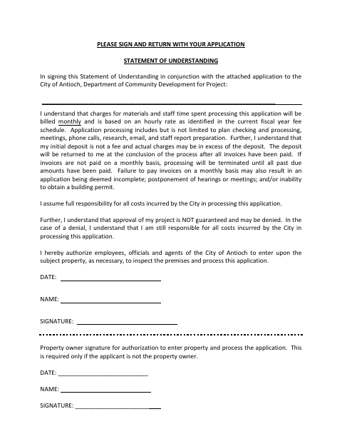 First page of the Statement of Understanding for Project Billing