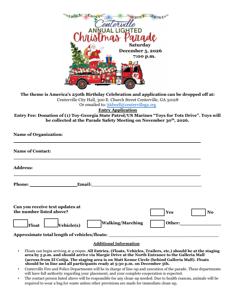 First page of the Christmas Parade Entry Application