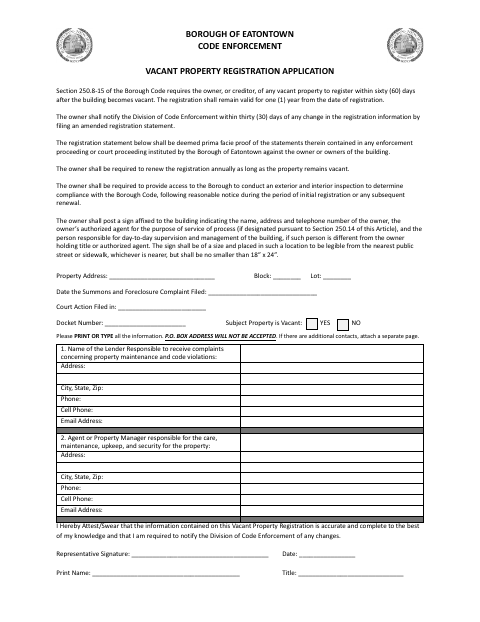 First page of the Vacant Property Registration Application