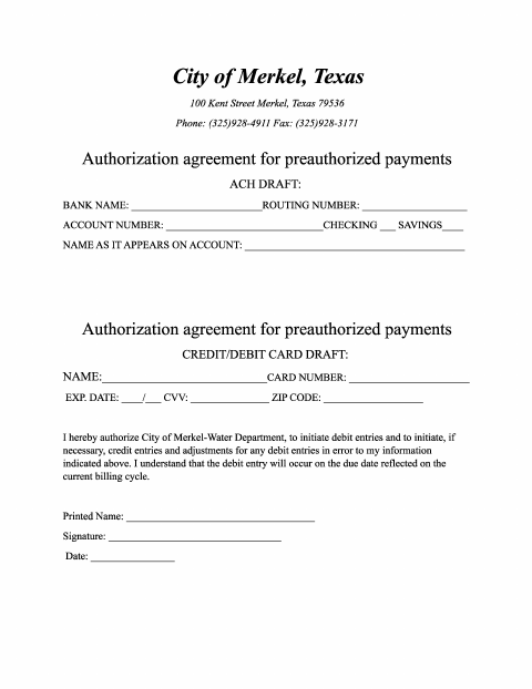 First page of the Utility Preauthorized Payment Authorization
