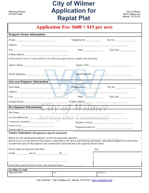 First page of the Replat Application