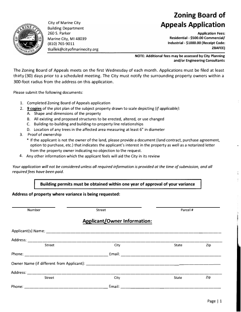 First page of the Zoning Board of Appeals Application