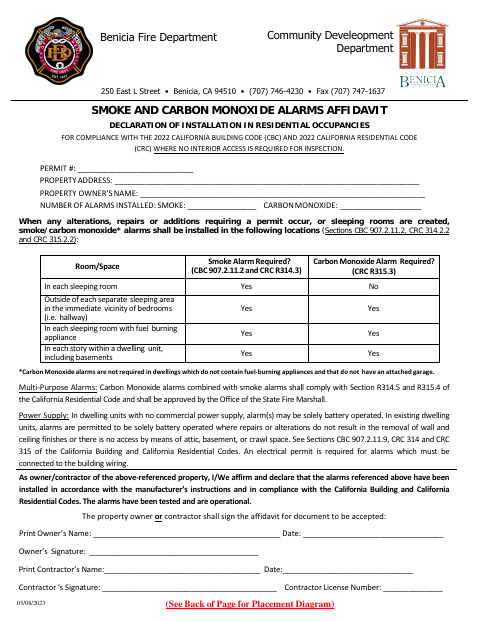 First page of the Smoke and Carbon Monoxide Alarms Affidavit