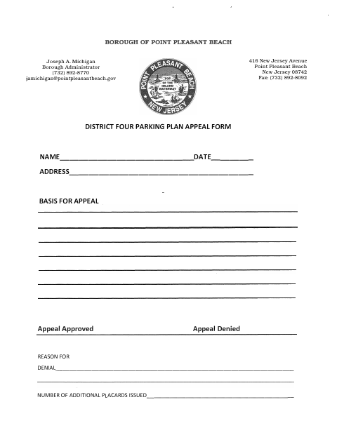 First page of the District Four Parking Plan Appeal Form