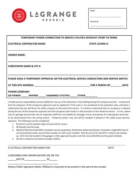 First page of the Temporary Power Connection Affidavit