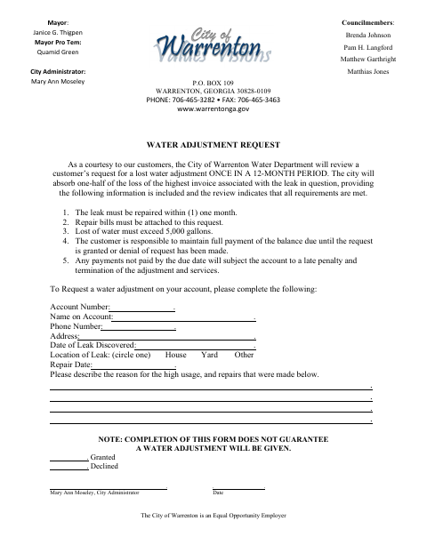 First page of the Water Adjustment Request