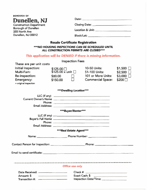 First page of the Resale Certificate Registration