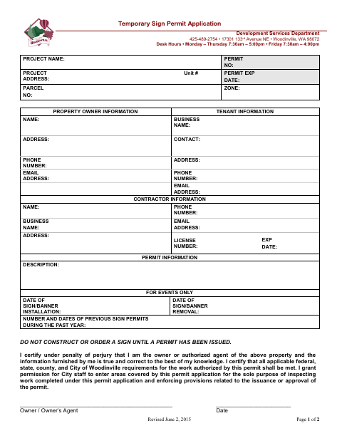 First page of the Temporary Sign Permit Application