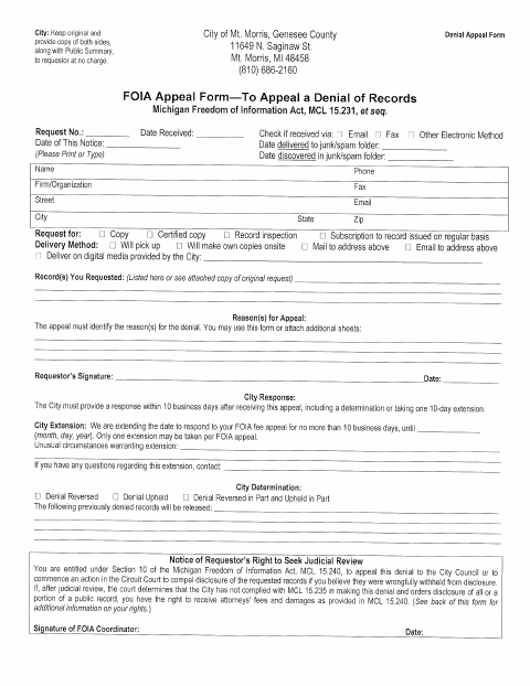 First page of the FOIA Denial Appeal Form