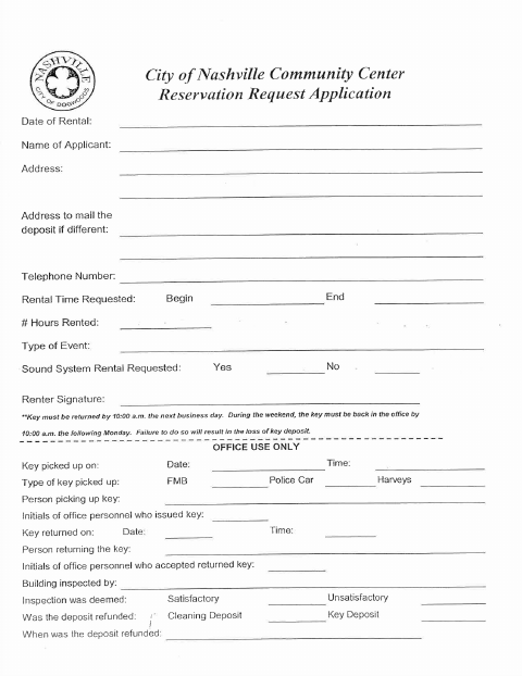 First page of the Community Center Reservation Request Application