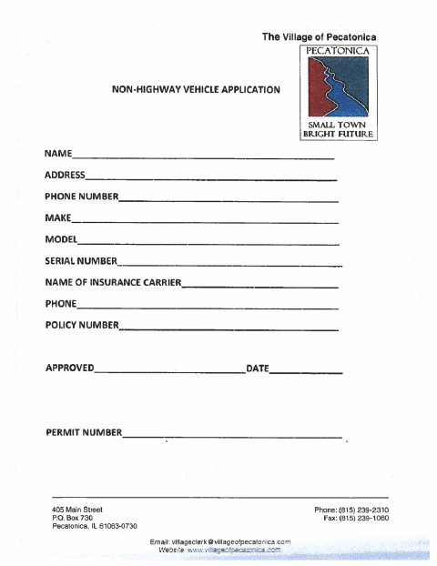 First page of the Non-Highway Vehicle Application