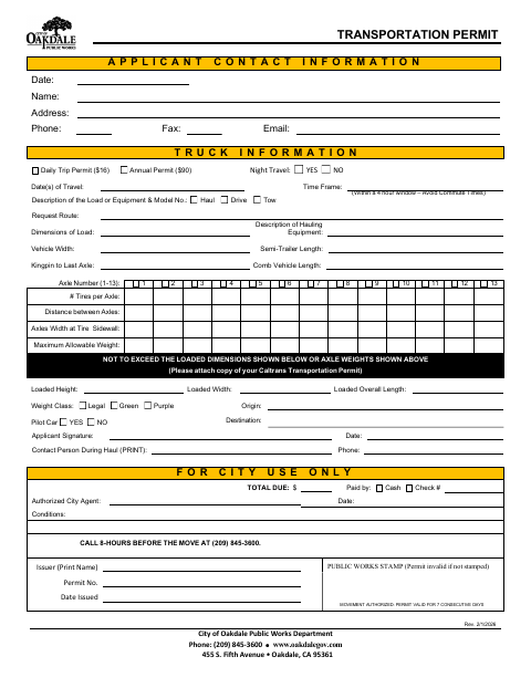 First page of the Transportation Permit