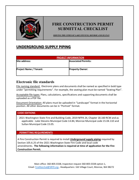 First page of the Underground Supply Piping Submittal Checklist