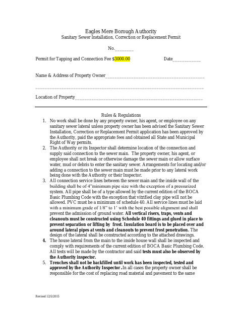 First page of the Sanitary Sewer Installation, Correction or Replacement Permit
