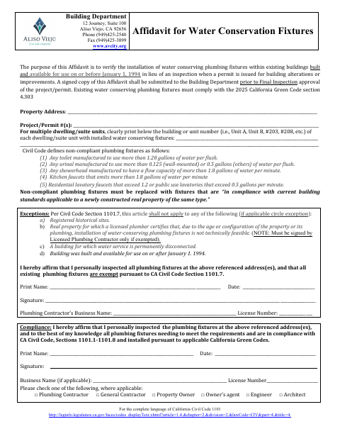 First page of the Affidavit for Water Conservation Fixtures