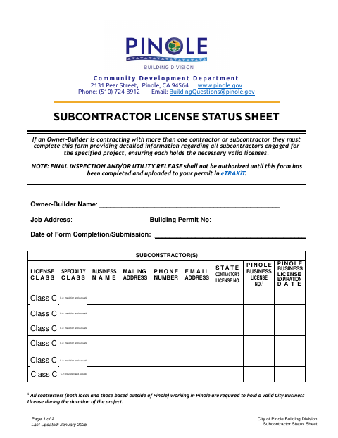 First page of the Subcontractor License Status Sheet
