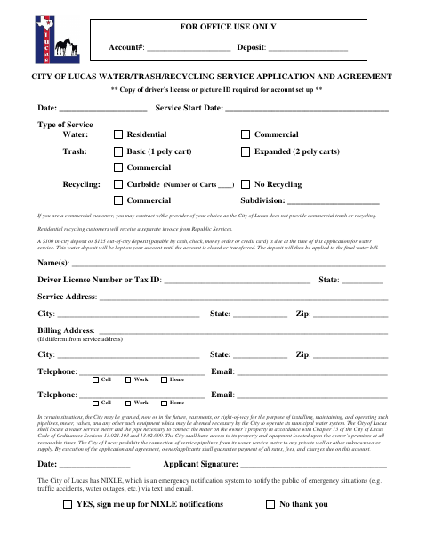 First page of the Water / Trash / Recycling Service Application and Agreement