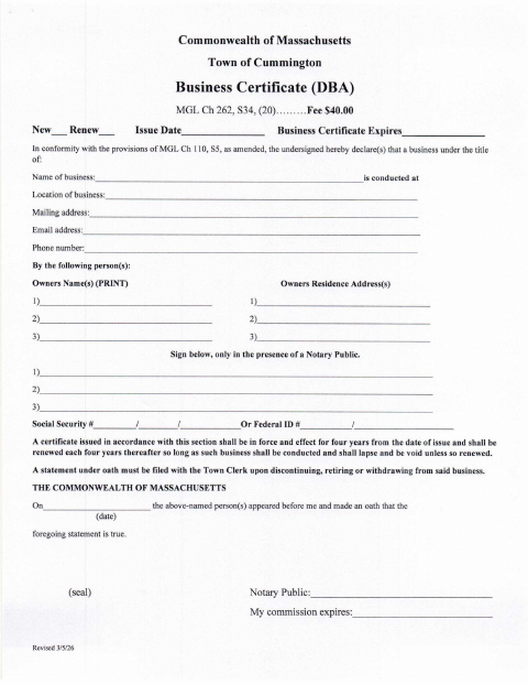 First page of the Business Certificate (DBA)