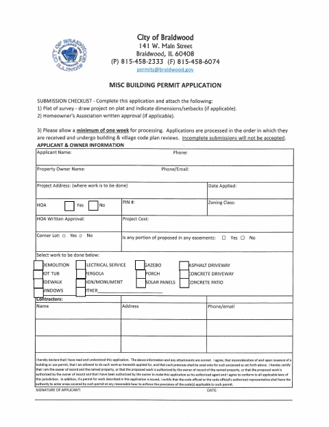 First page of the Misc Building Permit Application