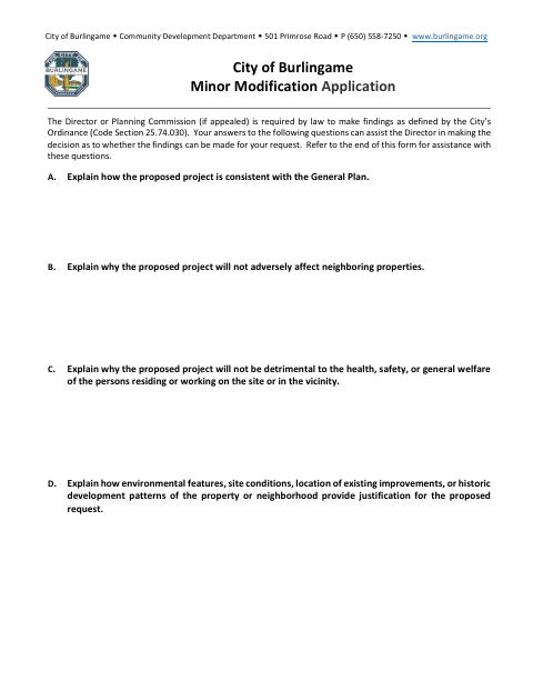 First page of the Minor Modification Application