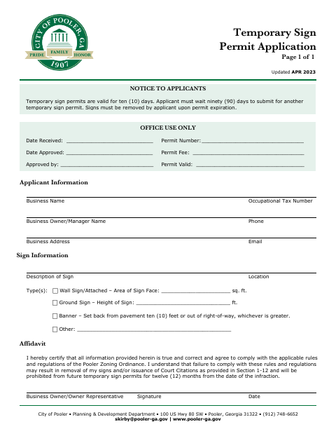 First page of the Temporary Sign Permit Application