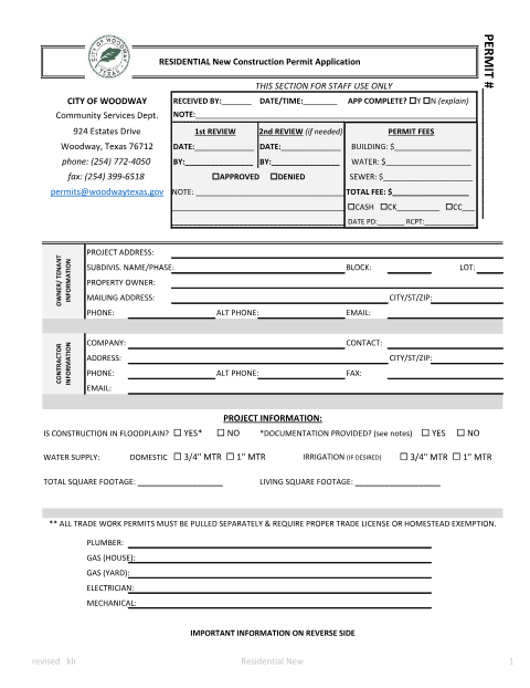 First page of the Residential New Construction Permit Application