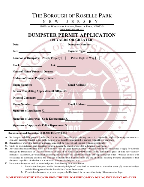 First page of the Dumpster Permit Application