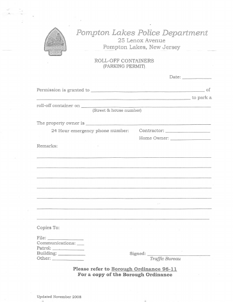 First page of the Roll-Off Container Parking Permit Application