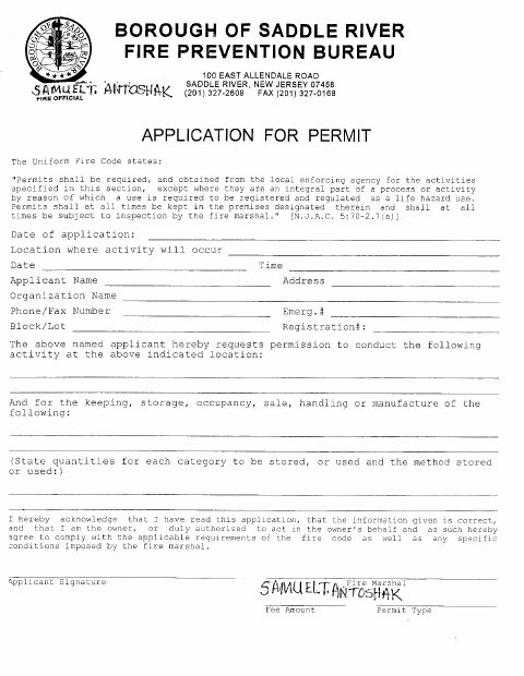First page of the Fire Prevention Application for Tents