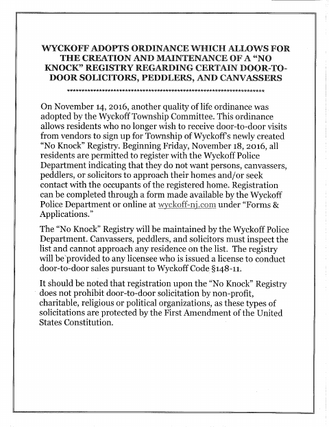 First page of the No Knock Registry Application
