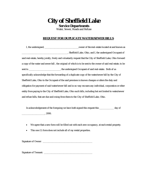 First page of the Request for Duplicate Water/Sewer Bills